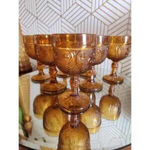 Vintage Indiana Glass Amber Tiara Wine Glasses - Cordial Goblets 4” Set Of 7